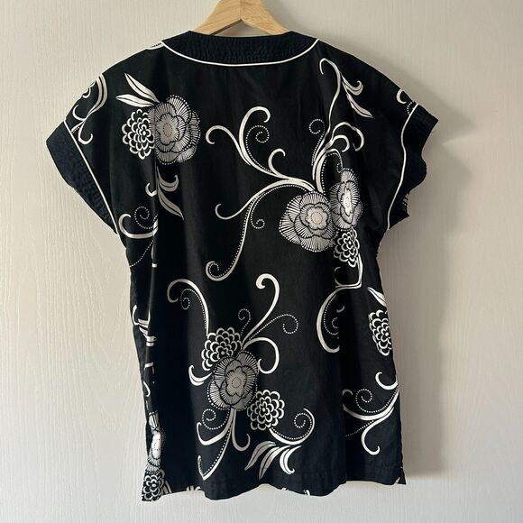 Vintage I. Magnin Womens Floral Tunic Top Button Placket Cap Sleeve Black Small - Picture 5 of 7